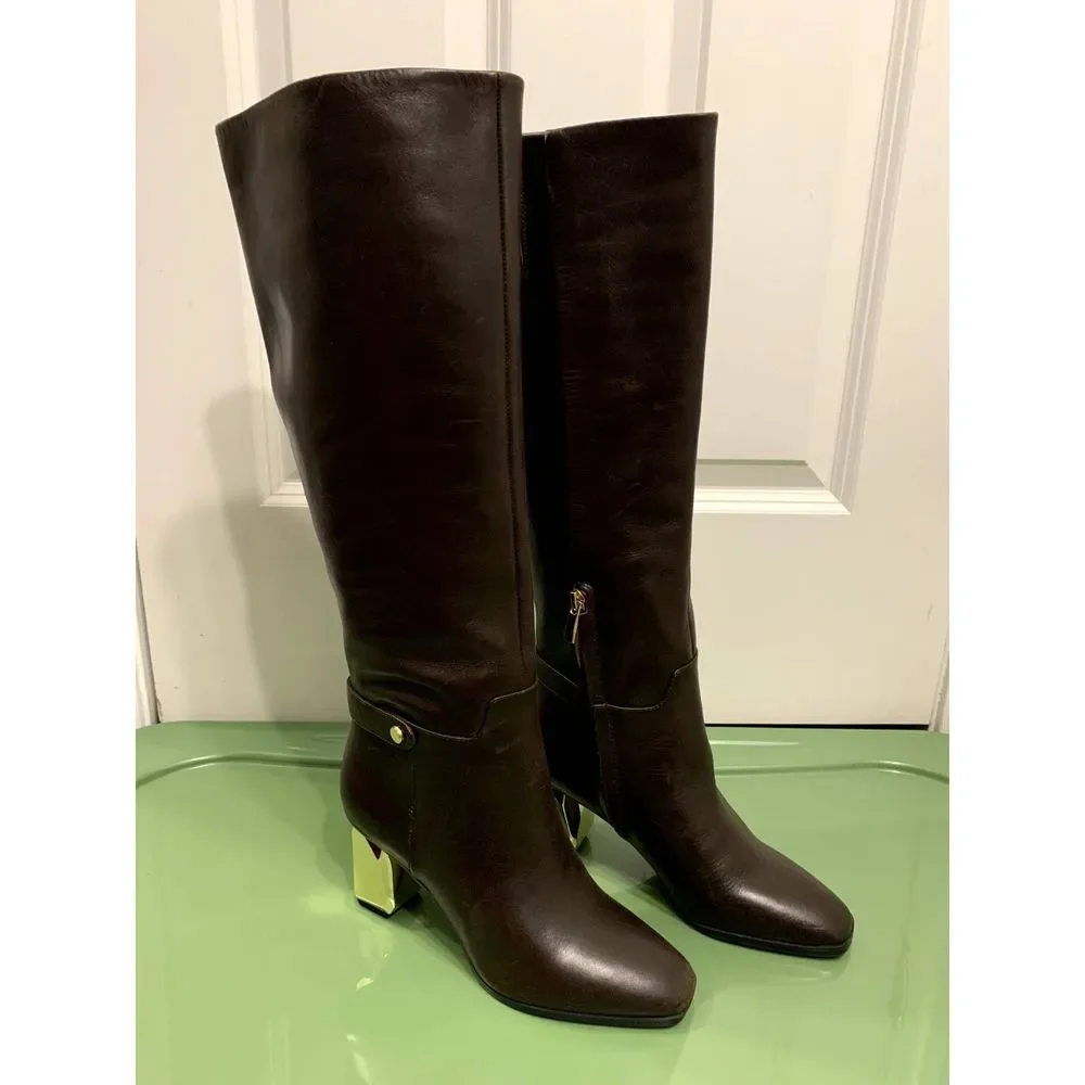 Franco Sarto Tiera High Brown Leather Boots Gold Faceted Heel Size 7 NWOT - Picture 1 of 8